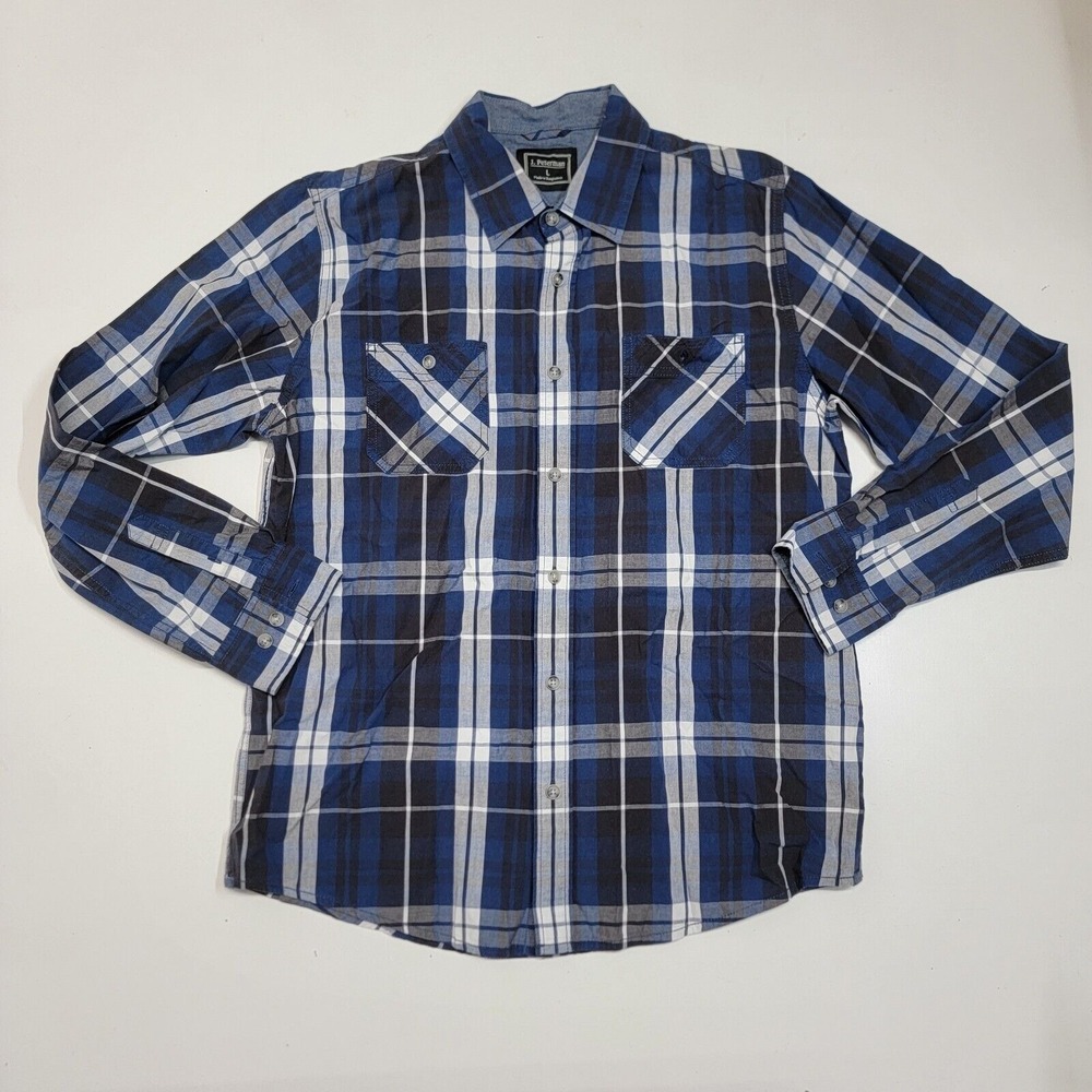 J Peterman Blue Plaid Long Sleeve Button Up Shirt Men's Large